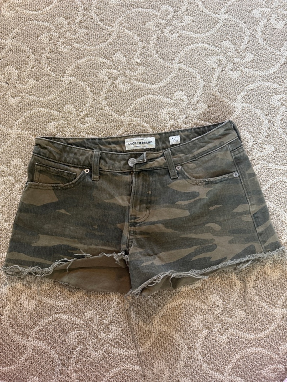 Lucky Brand Olive Camo Frayed Hem Denim Shorts